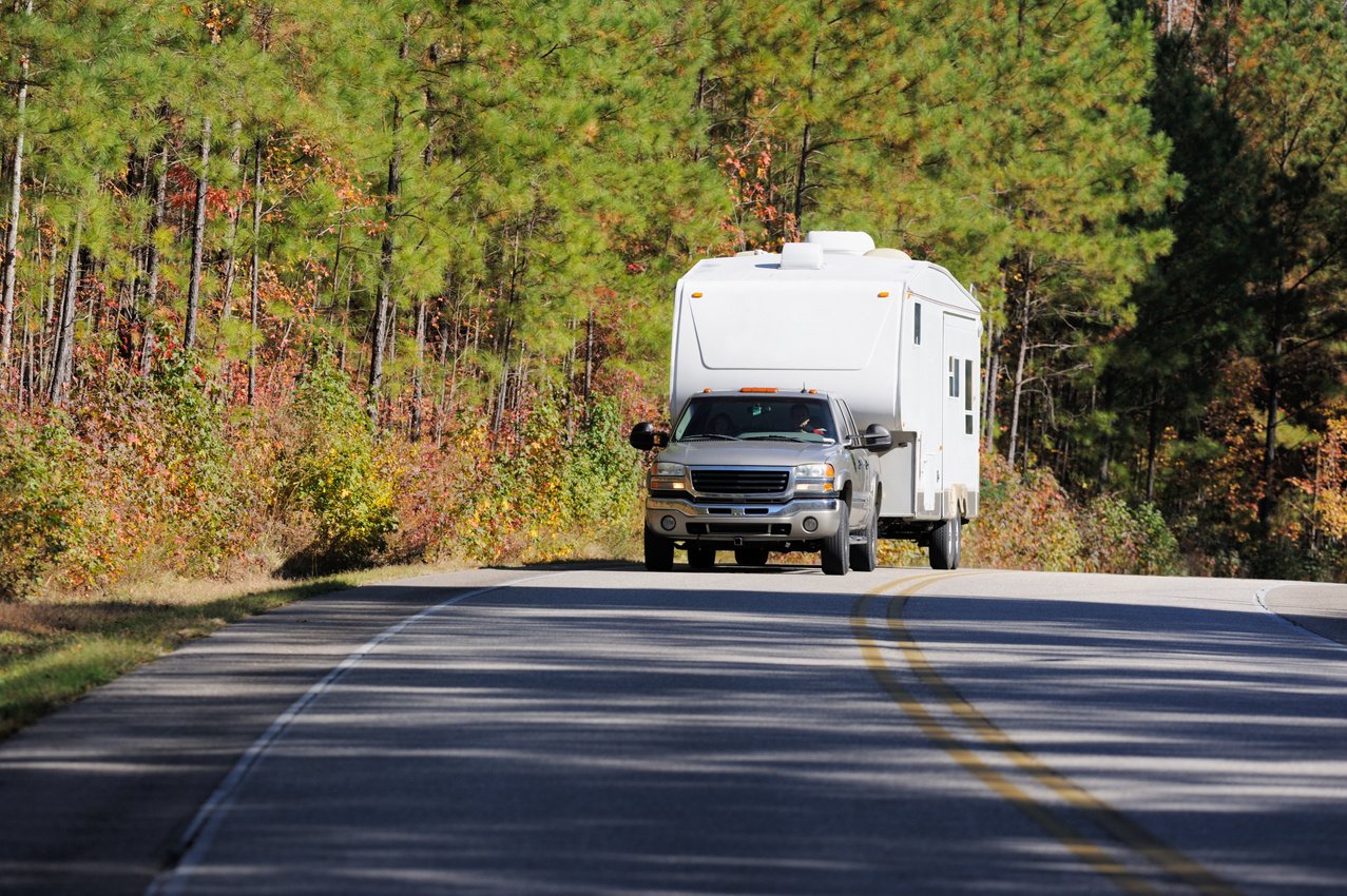 Pickup truck pulling rv trailer